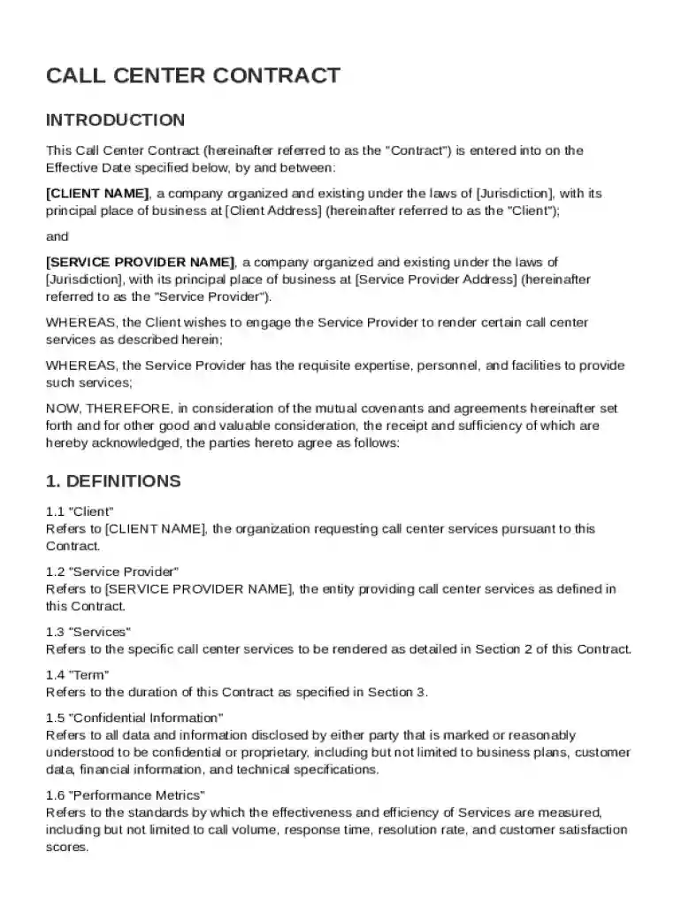 Call Center Contract Template Preview on Page 1