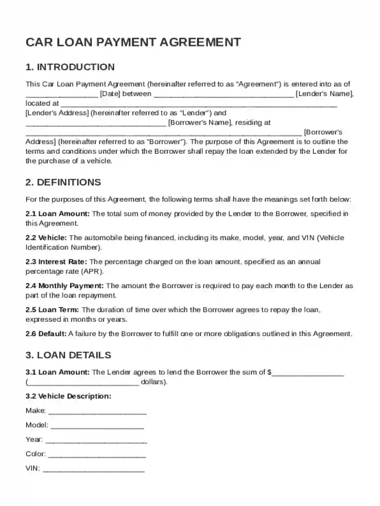 Car Loan Payment Contract Template Preview on Page 1