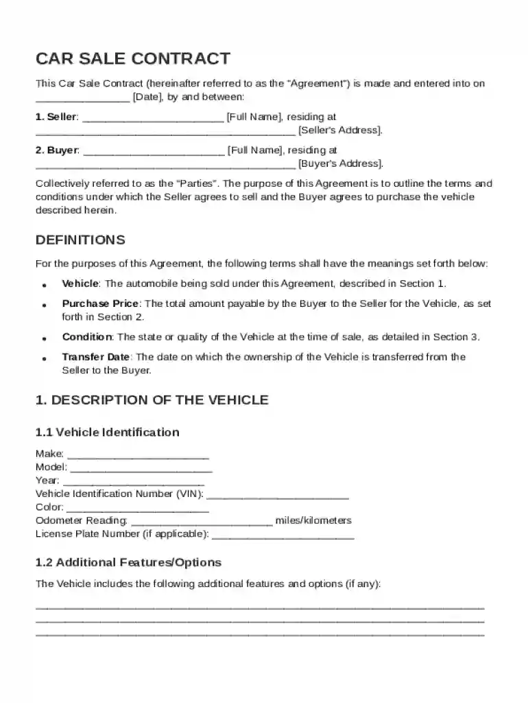 Car Of Sale Contract Template Preview on Page 1