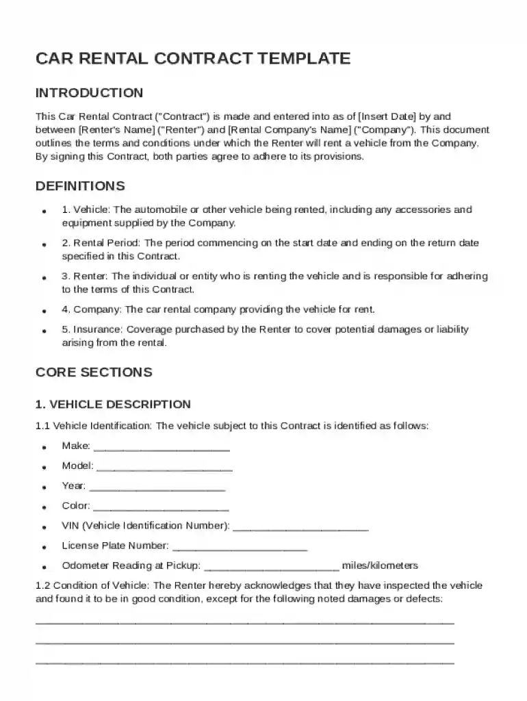 Car Rental Contract Template Preview on Page 1