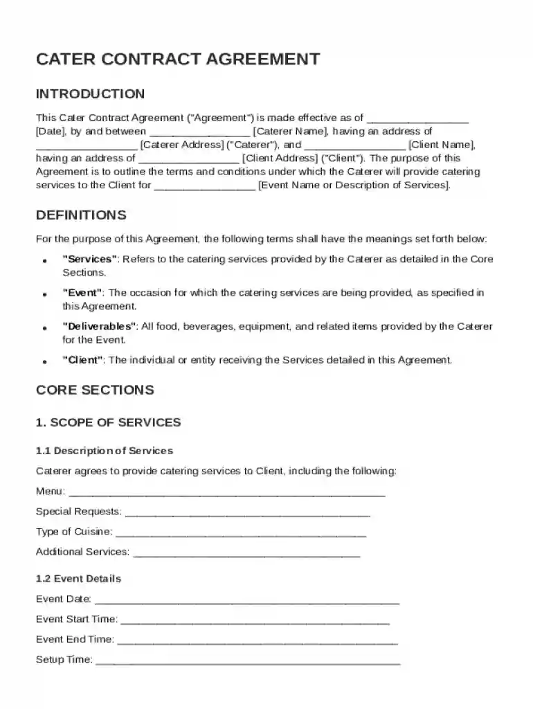Cater Contract Template Preview on Page 1