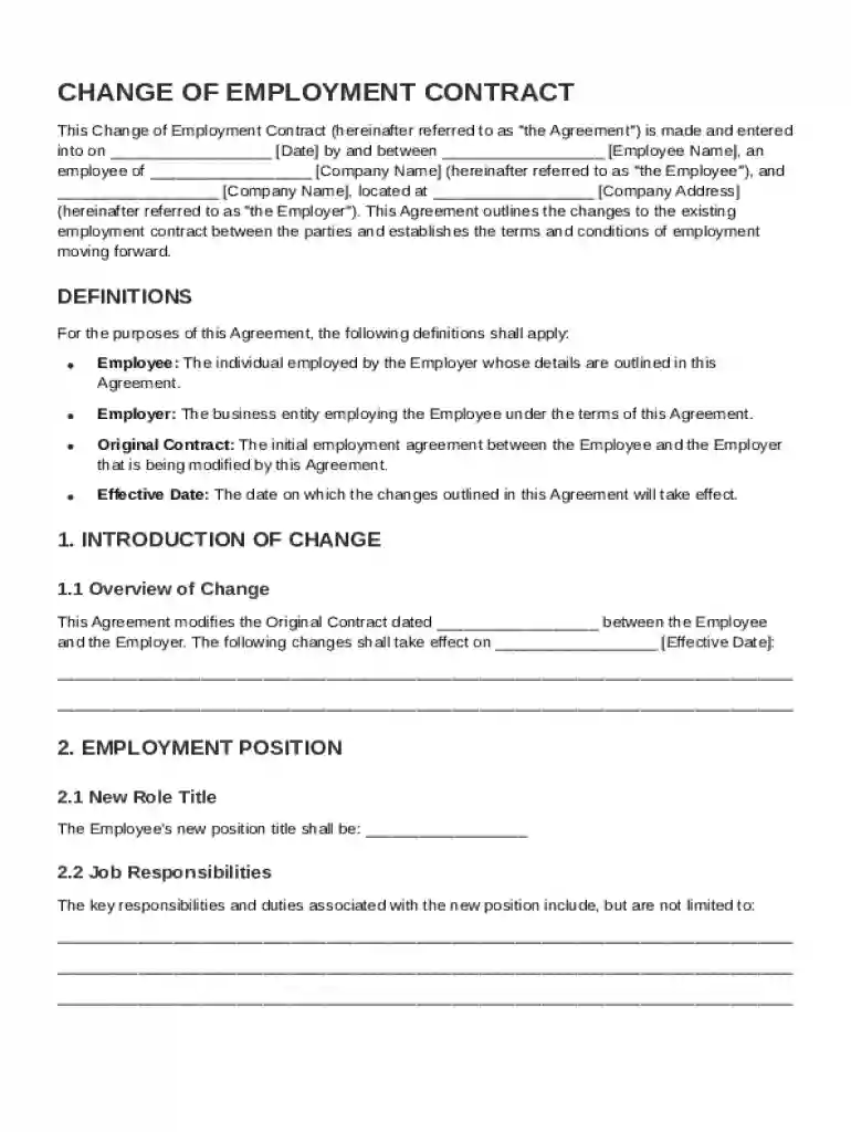 Change Of Employment Contract Template Preview on Page 1
