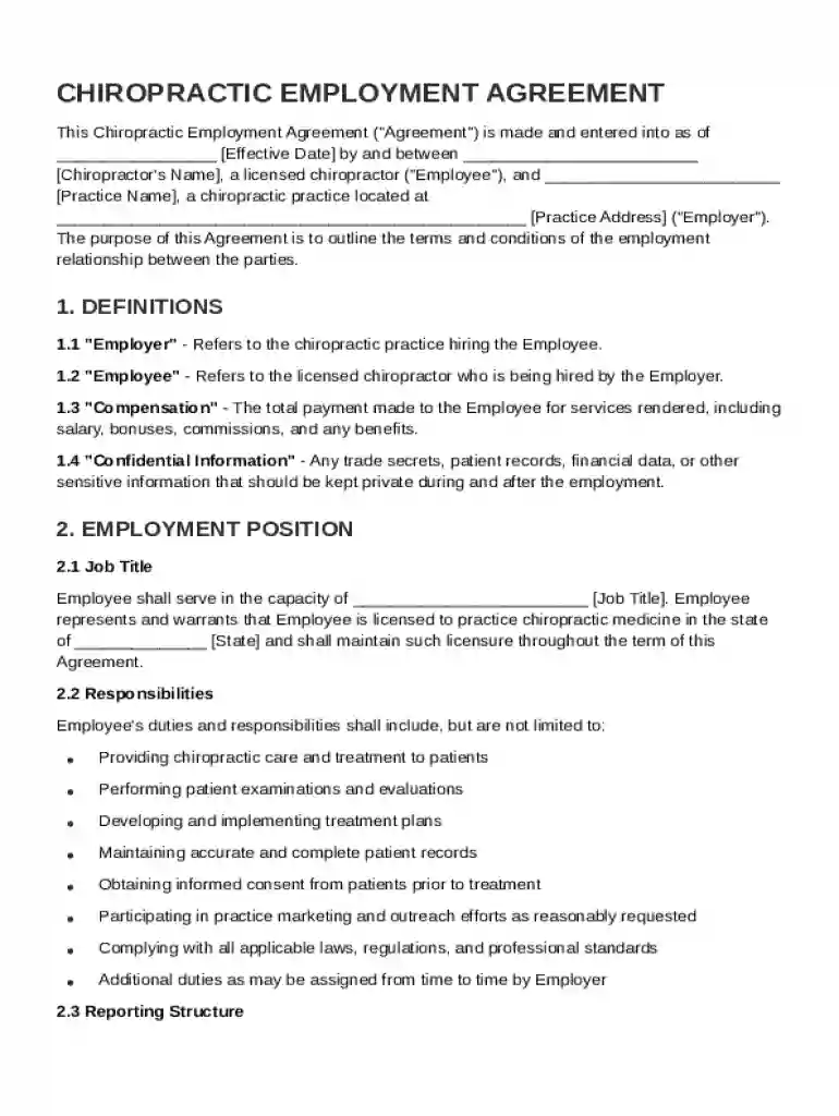 Chiropractic Employment Contract Template Preview on Page 1