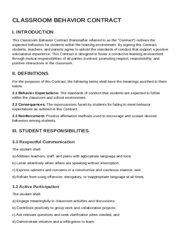 Classroom Behavior Contract Template Preview on Page 1