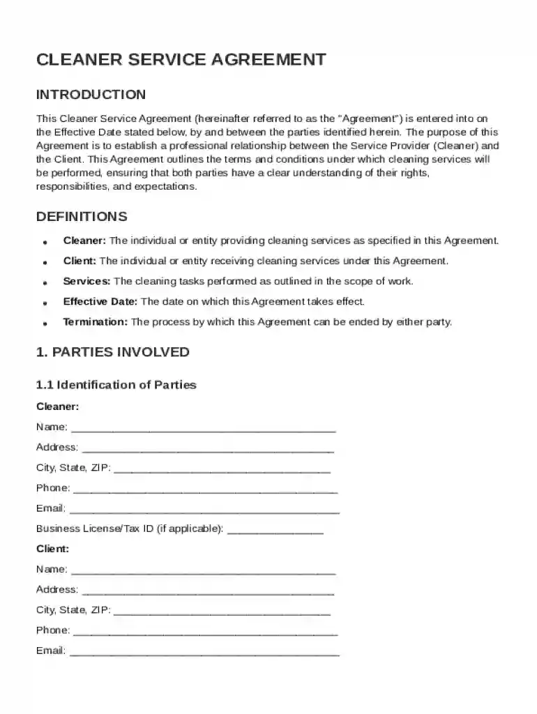 Cleaner Contract Template Preview on Page 1