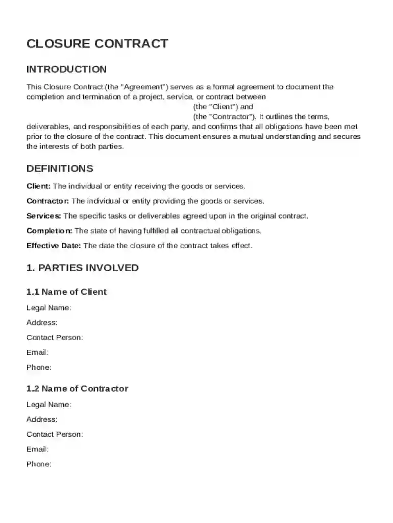 Closure Contract Template Preview on Page 1