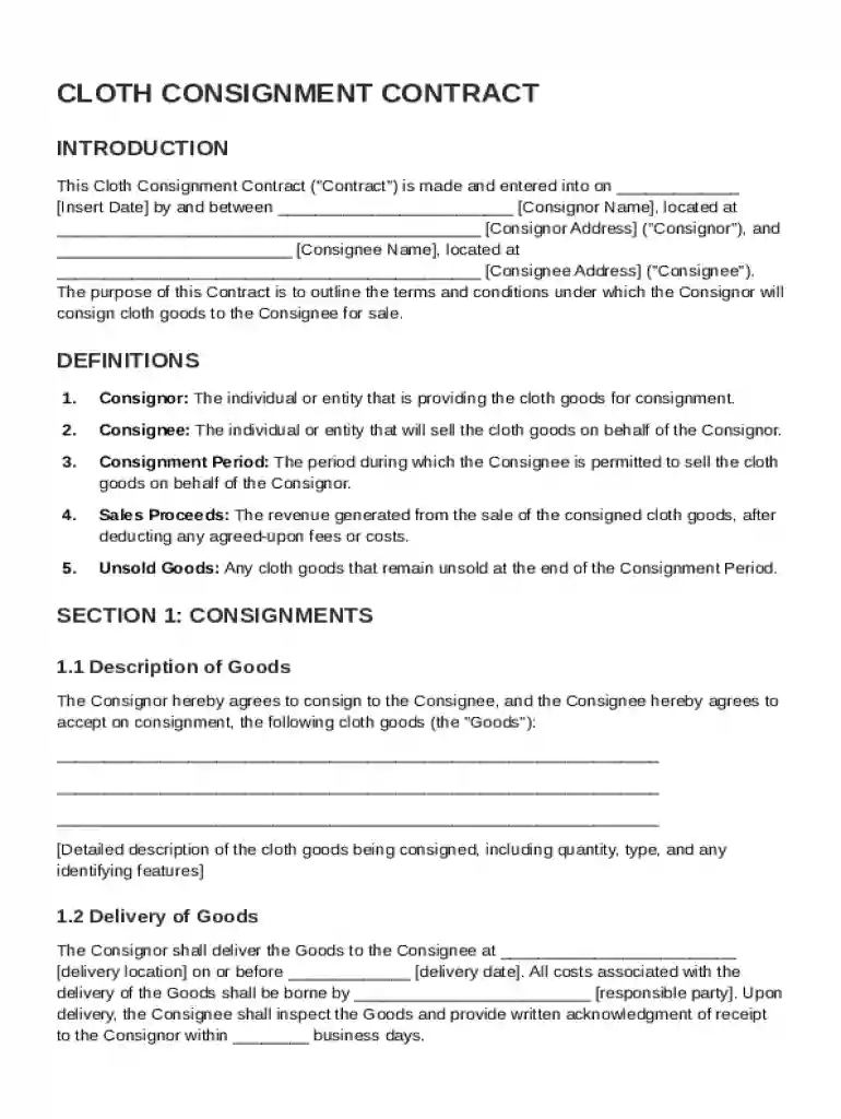 Cloth Consignment Contract Template Preview on Page 1