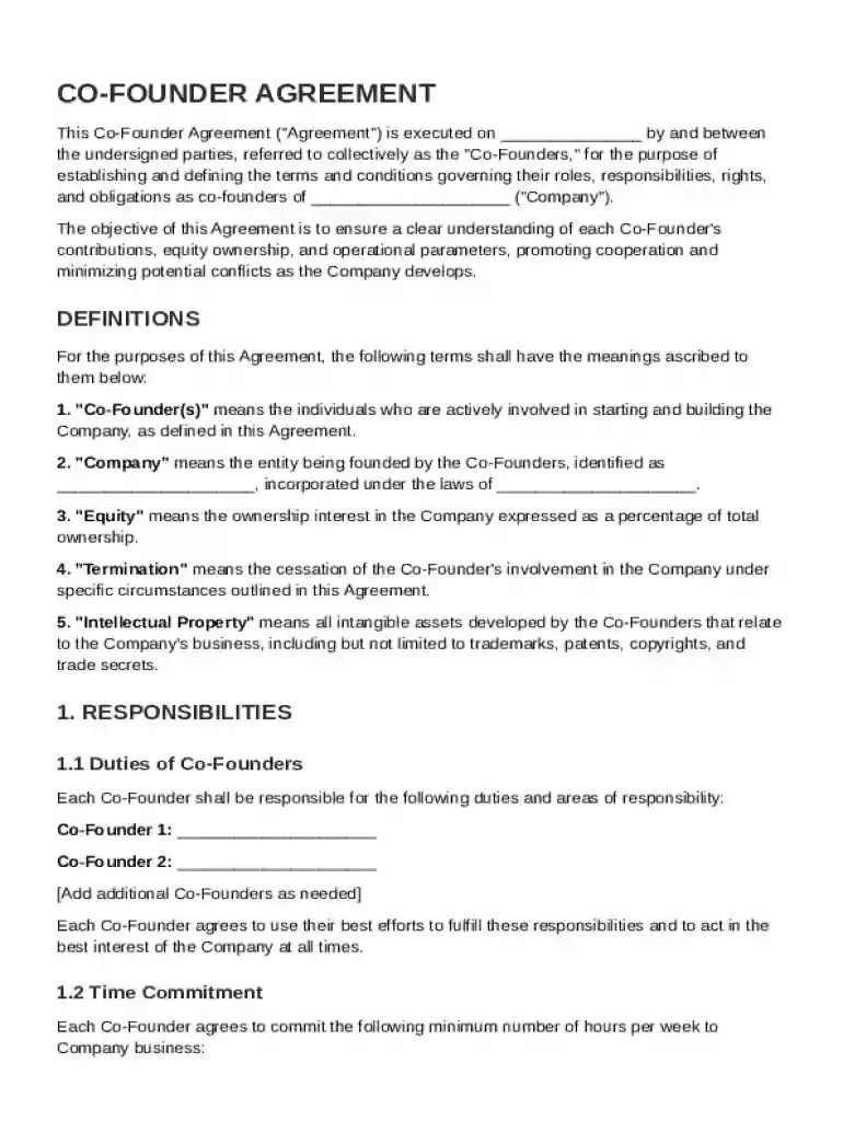 Co Founder Contract Template Preview on Page 1