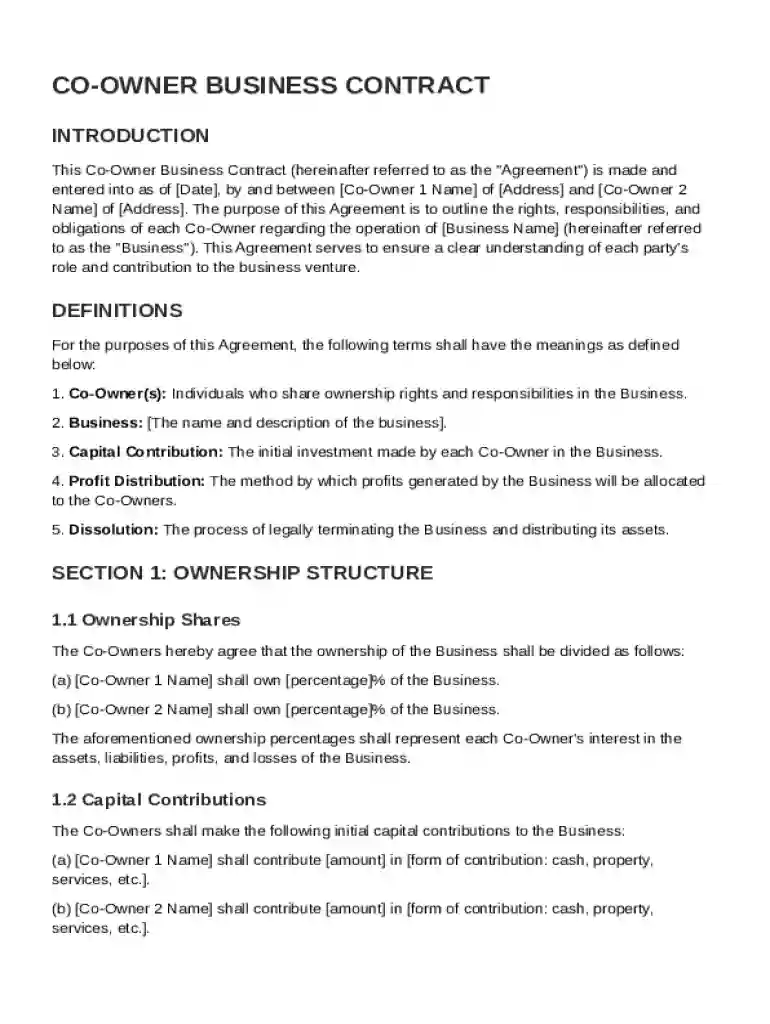 Co Owner Business Contract Template Preview on Page 1