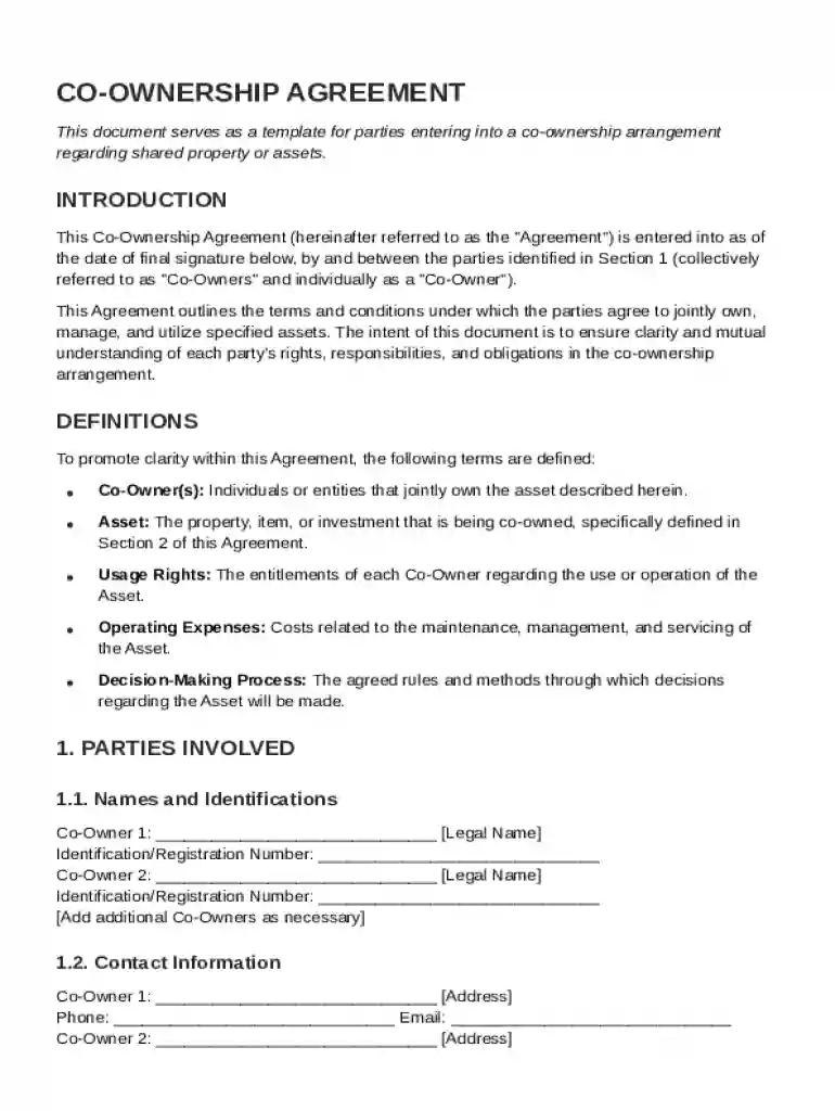 Co Ownership Contract Template Preview on Page 1