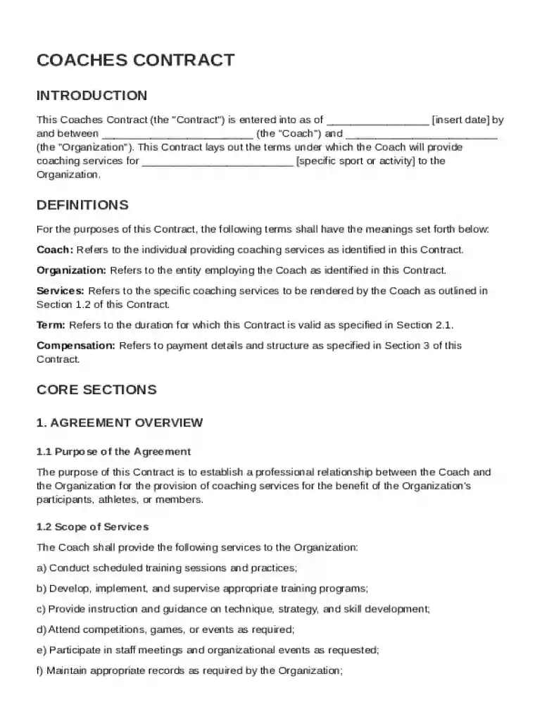 Coaches Contract Template Preview on Page 1
