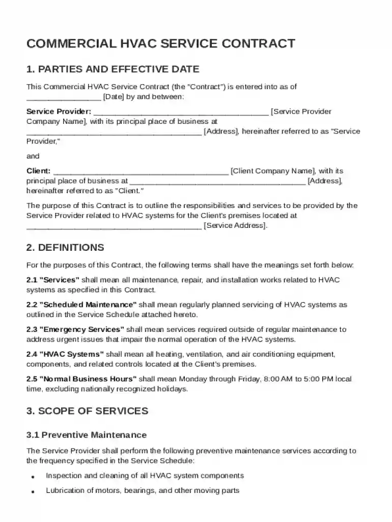Commercial HVAC Service Contract Template Preview on Page 1