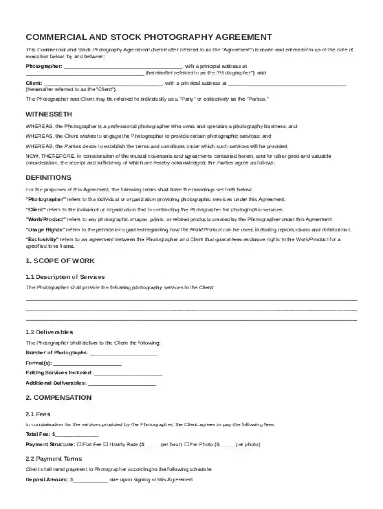 Commercial Or Stock Photography Contract Template Preview on Page 1