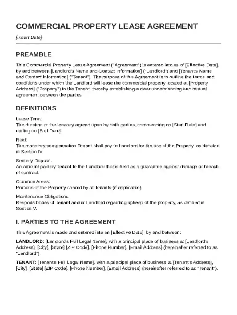 Commercial Property Contract Template Preview on Page 1