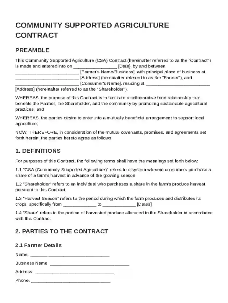 Community Supported Agriculture Contract Template Preview on Page 1