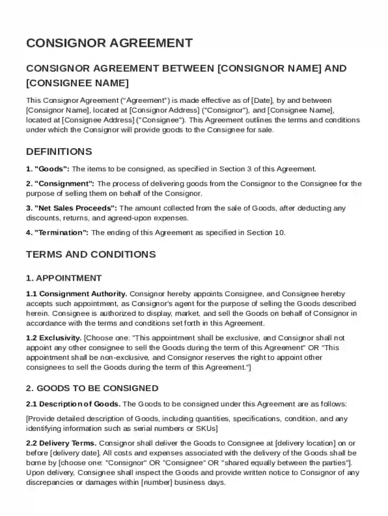 Consignor Contract Template Preview on Page 1