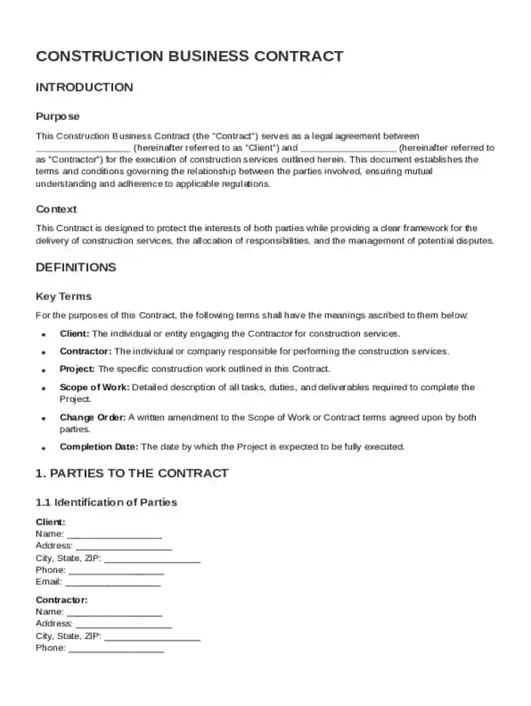 Construction Business Contract Template Preview on Page 1