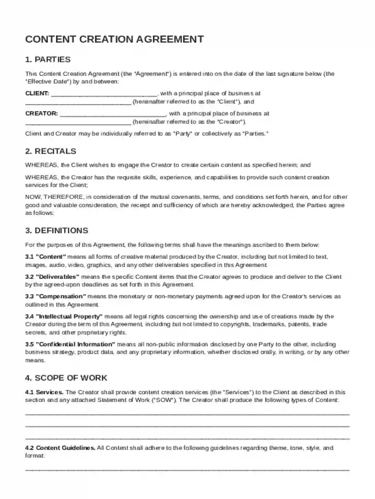 Content Creation Contract Template Preview on Page 1