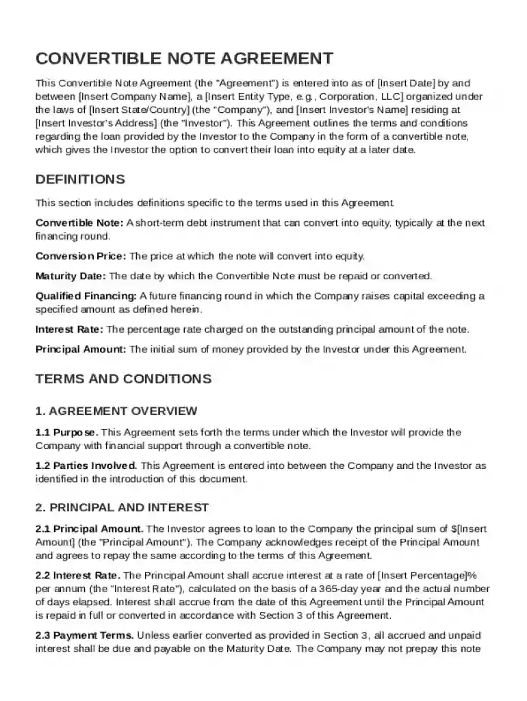Convertible Note Contract Template Preview on Page 1