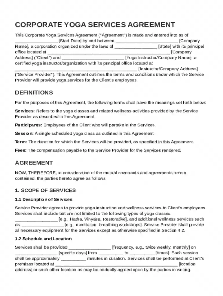 Corporate Yoga Contract Template Preview on Page 1
