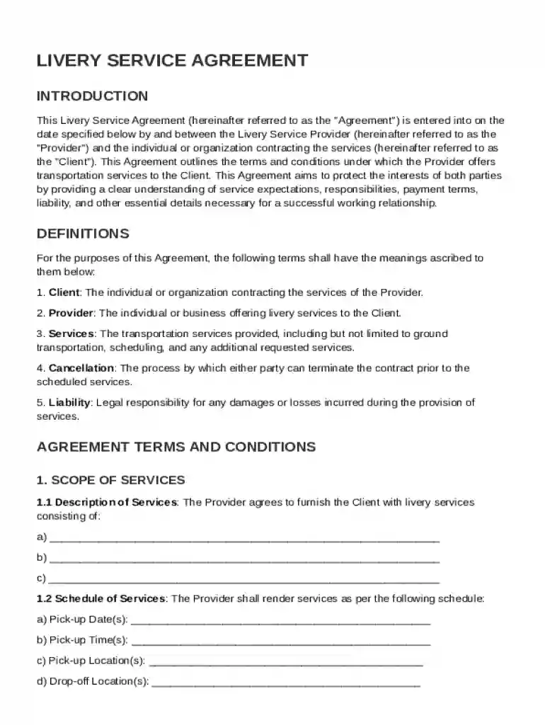 DIY Livery Contract Template Preview on Page 1