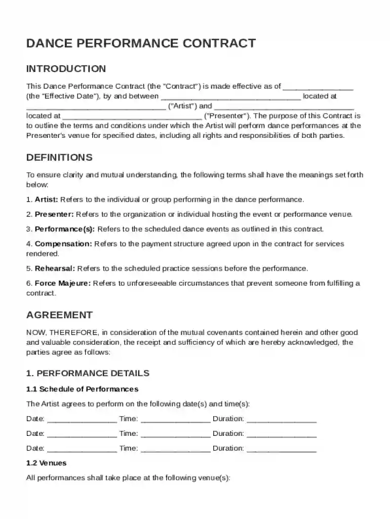 Dance Performance Contract Template Preview on Page 1