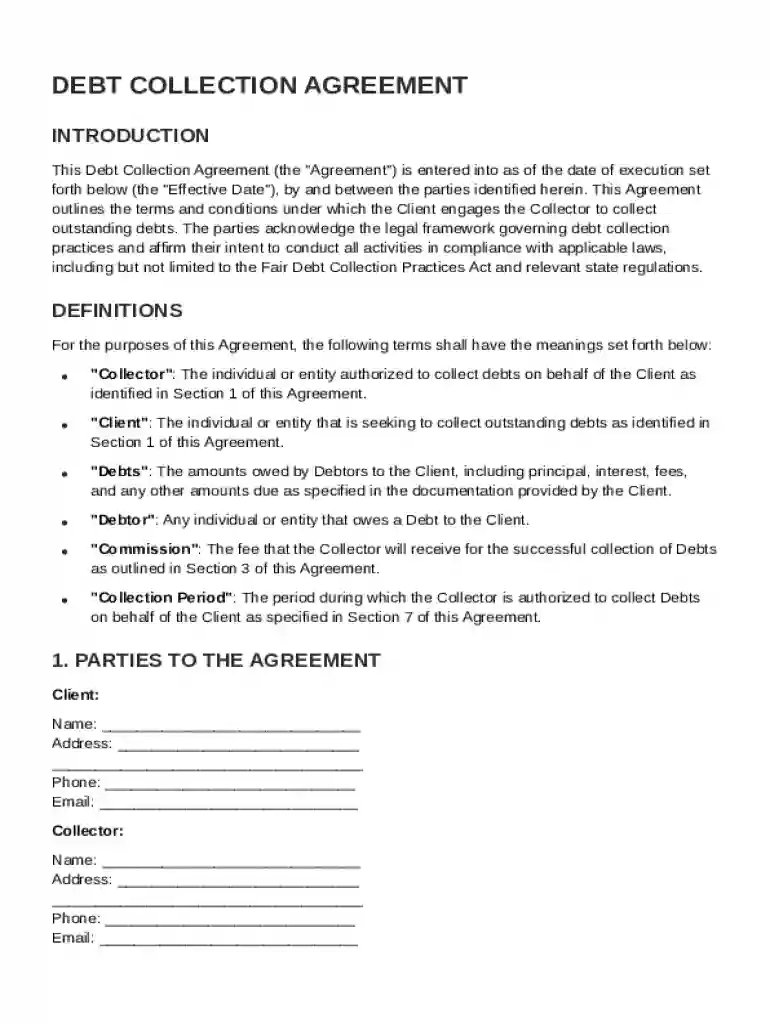Debt Collection Contract Template Preview on Page 1