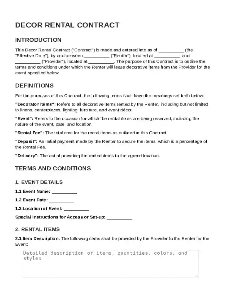 Decor Rental Contract Template Preview on Page 1