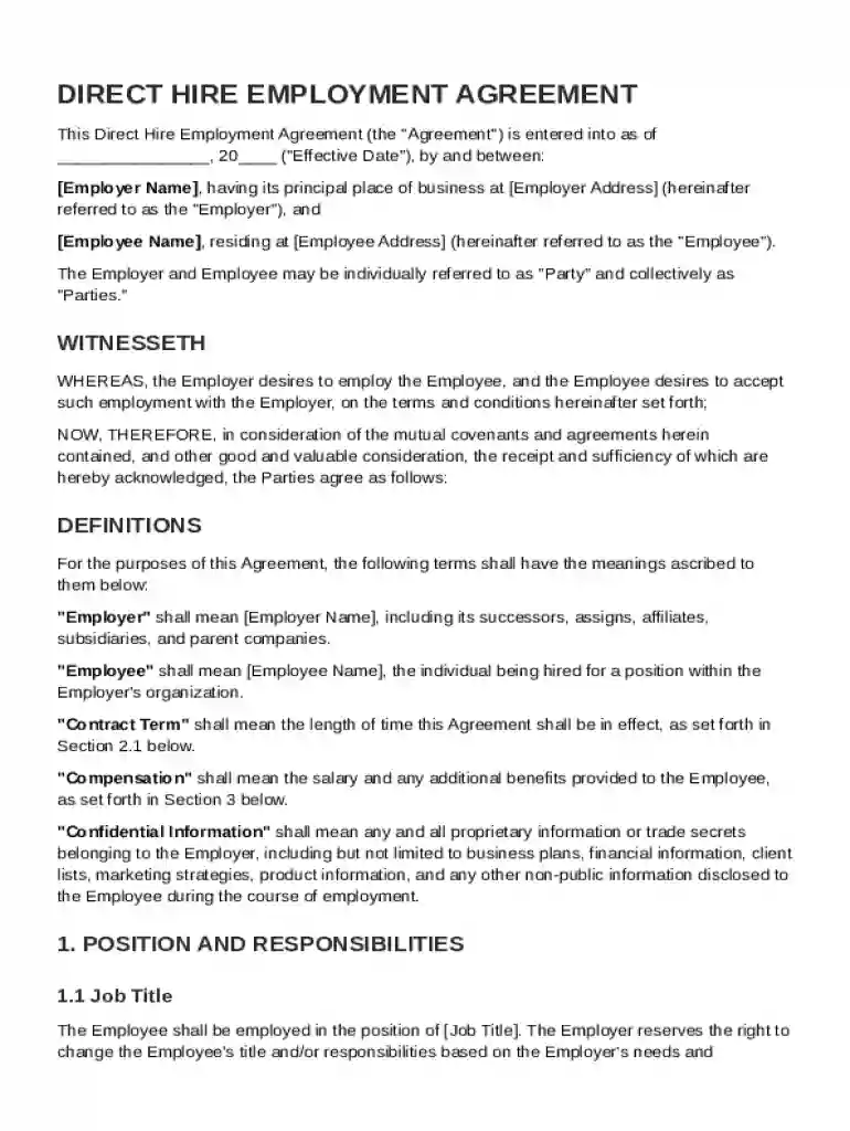 Direct Hire Contract Template Preview on Page 1