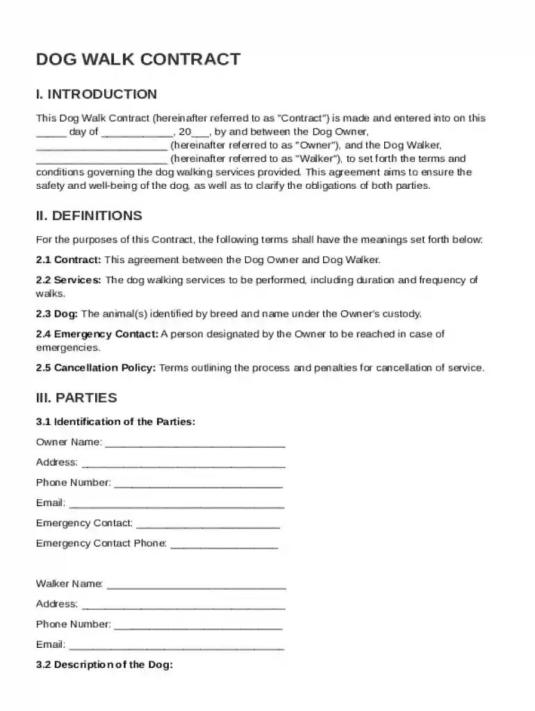 Dog Walk Contract Template Preview on Page 1
