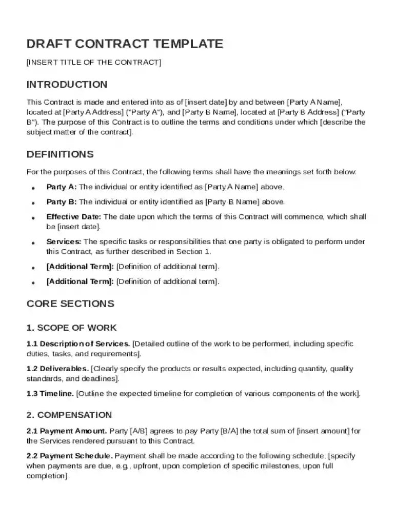 Draft Contract Template Preview on Page 1