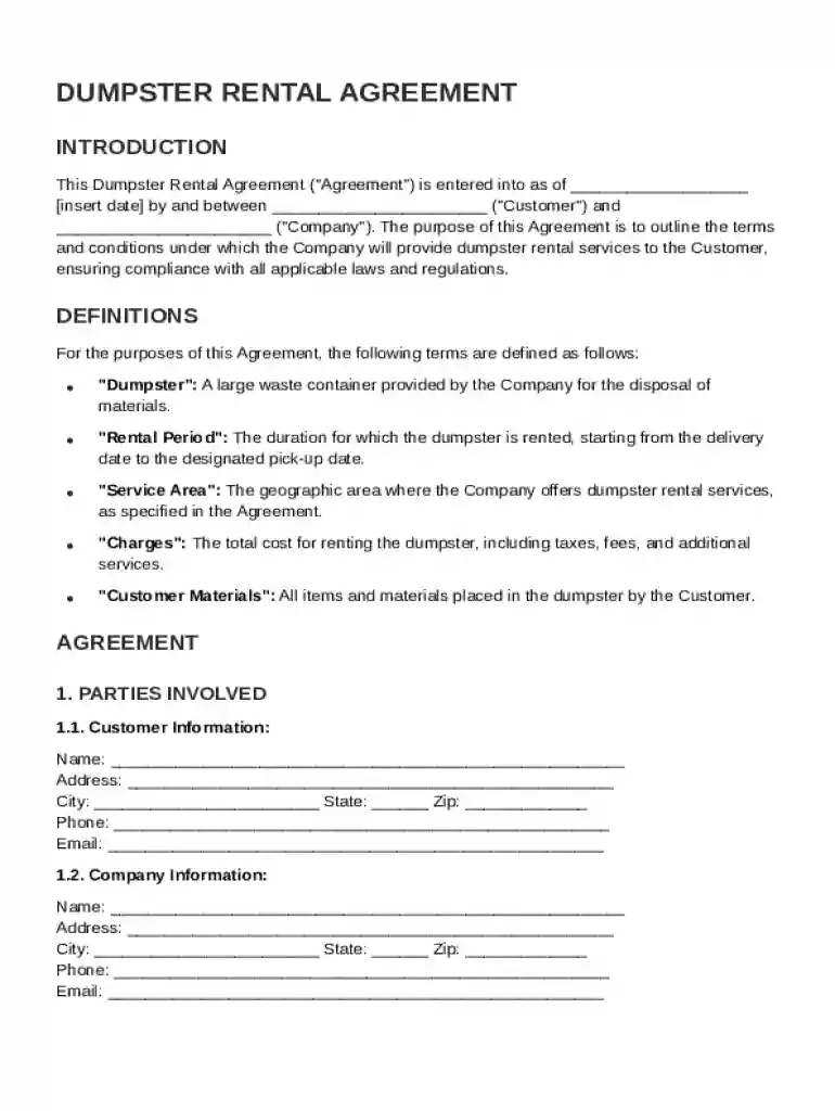 Dumpster Rental Contract Template Preview on Page 1