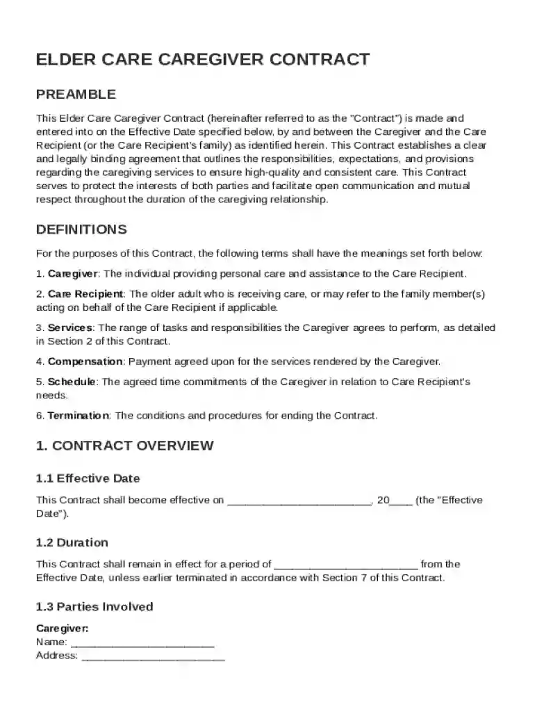 Elder Care Caregiver Contract Template Preview on Page 1