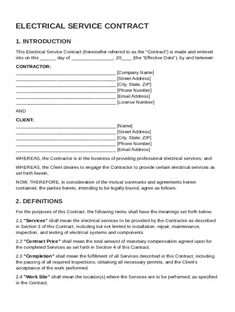 Electrical Service Contract Template Preview on Page 1
