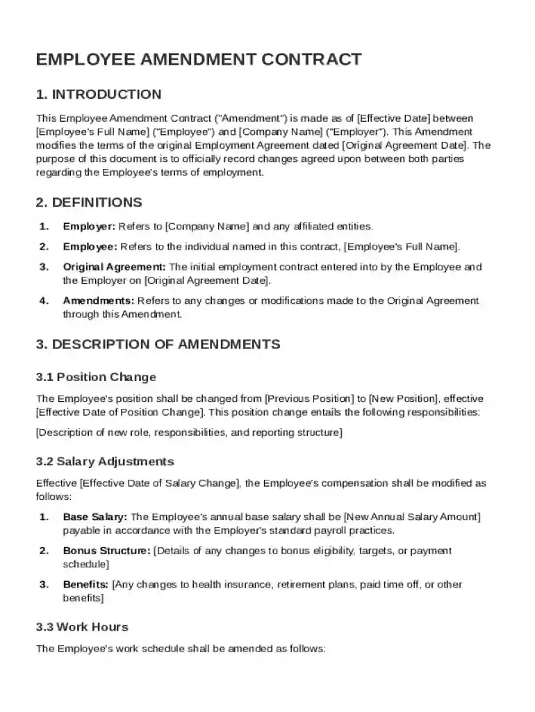 Employee Amendment Contract Template Preview on Page 1