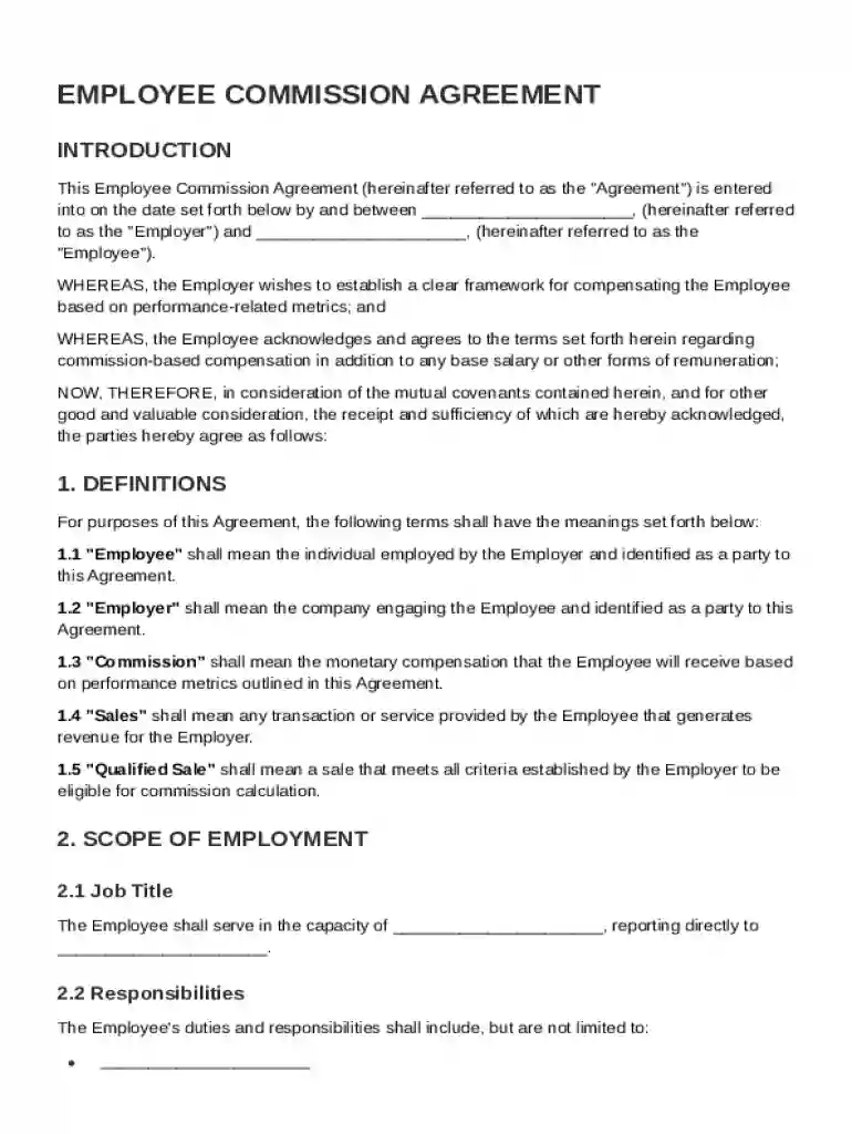 Employee Commission Contract Template Preview on Page 1