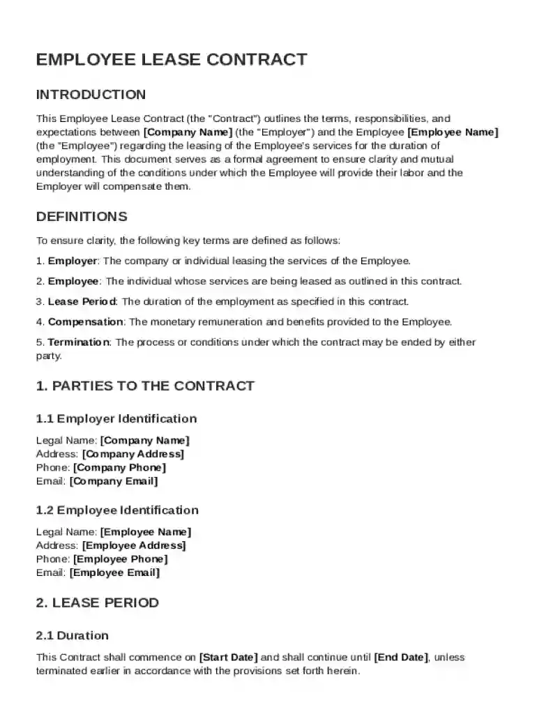 Employee Lease Contract Template Preview on Page 1