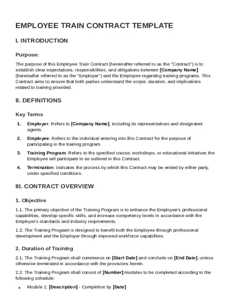 Employee Train Contract Template Preview on Page 1