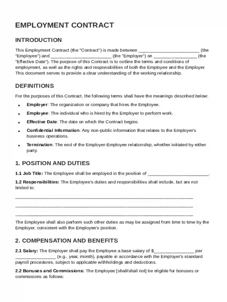 Employement Contract Template Preview on Page 1