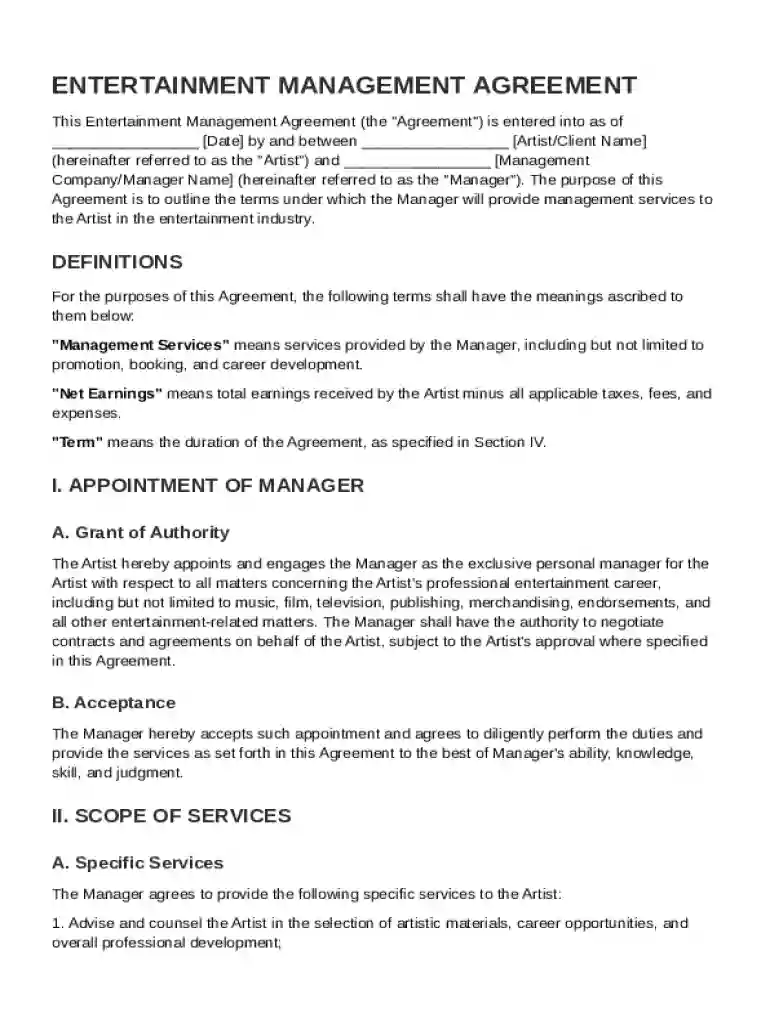 Entertainment Management Contract Template Preview on Page 1