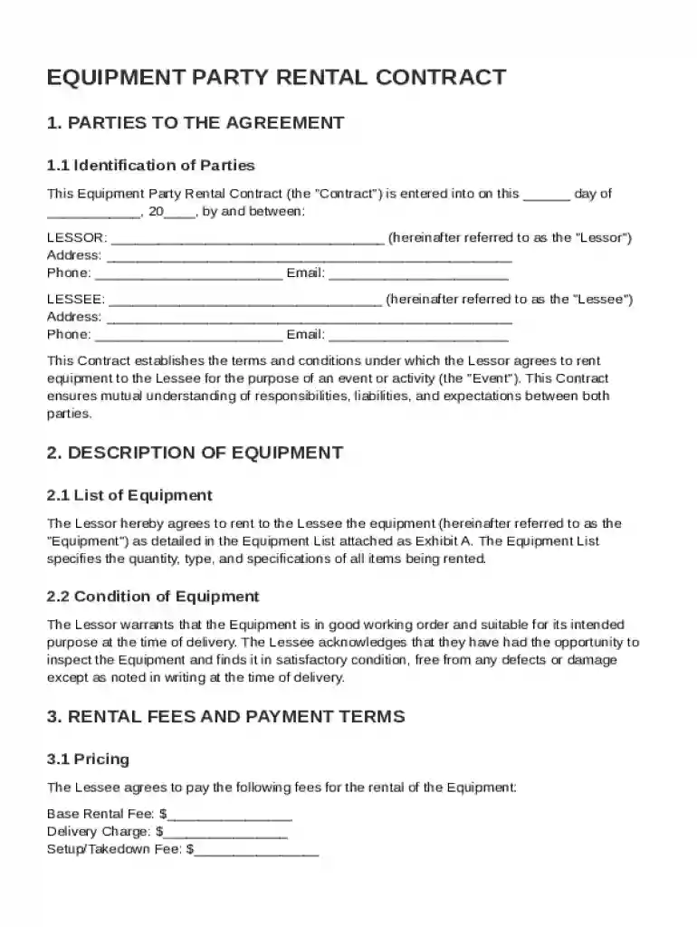 Equipment Party Rental Contract Template Preview on Page 1