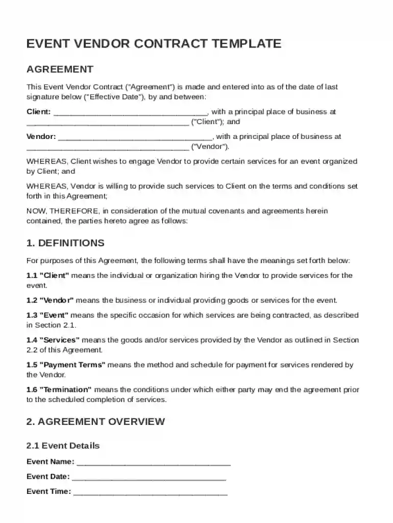 Event Vendor Contract Template Preview on Page 1