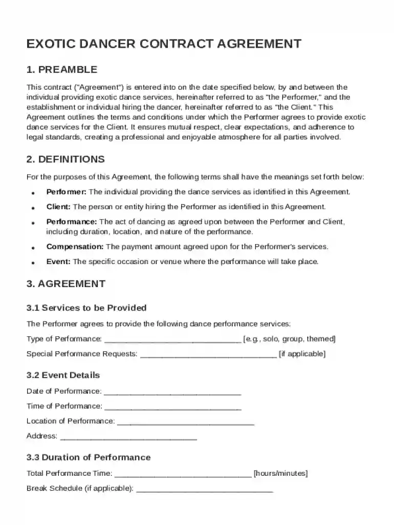 Exotic Dancer Contract Template Preview on Page 1