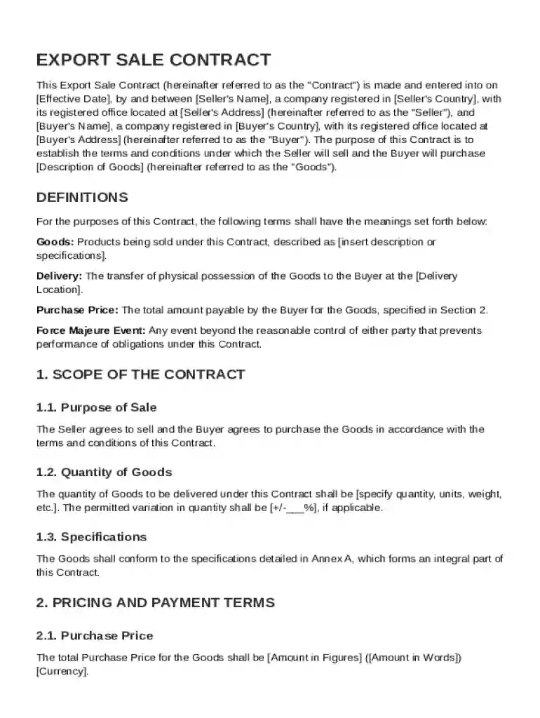 Export Sale Contract Template Preview on Page 1