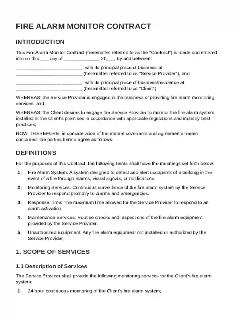 Fire Alarm Monitor Contract Template Preview on Page 1