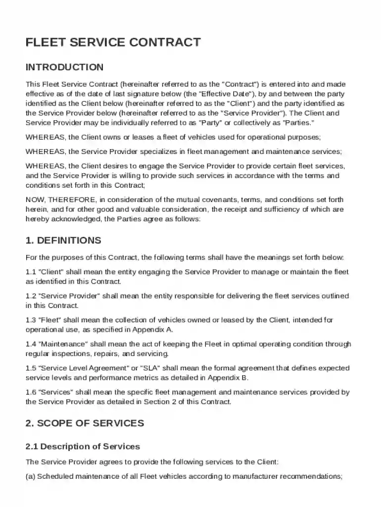 Fleet Service Contract Template Preview on Page 1