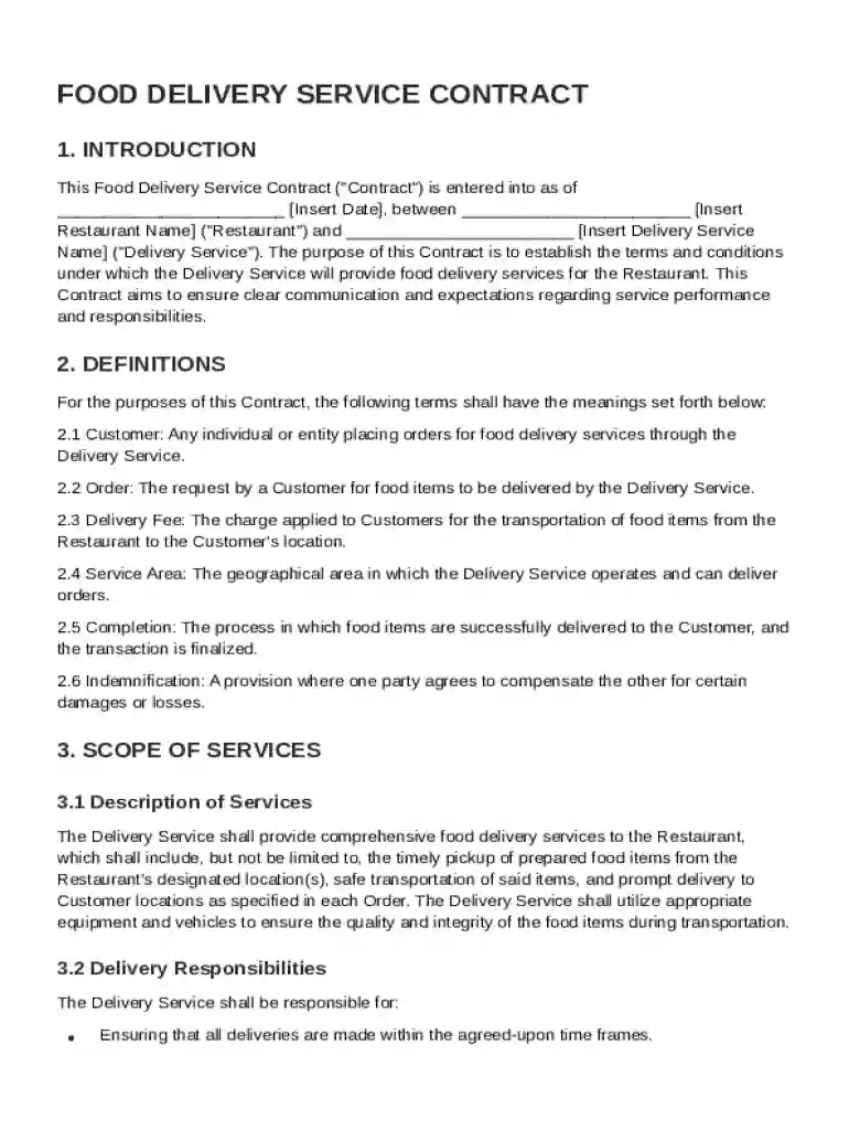 Food Delivery Service Contract Template Preview on Page 1