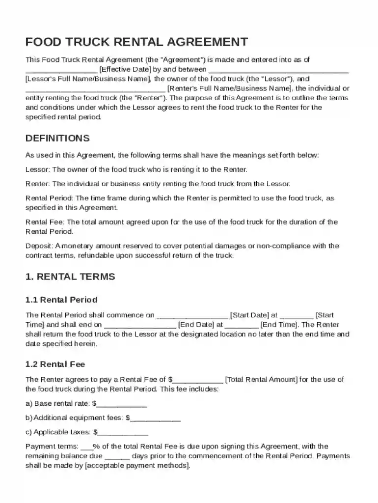 Food Truck Rental Contract Template Preview on Page 1