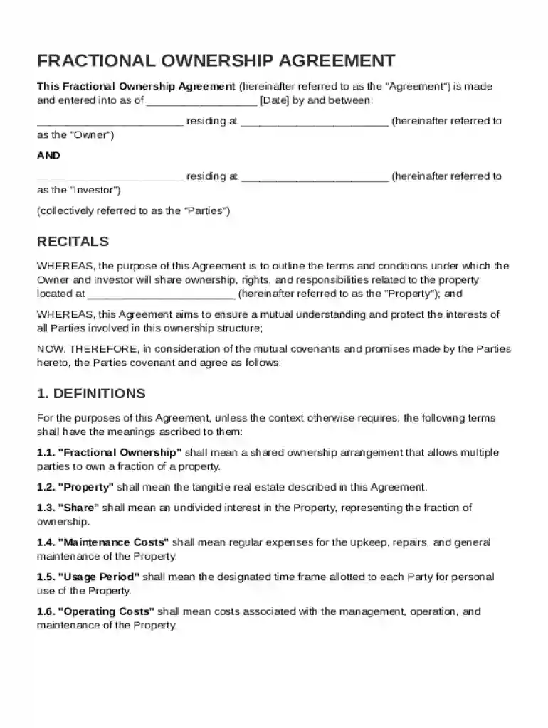 Fractional Ownership Contract Template Preview on Page 1