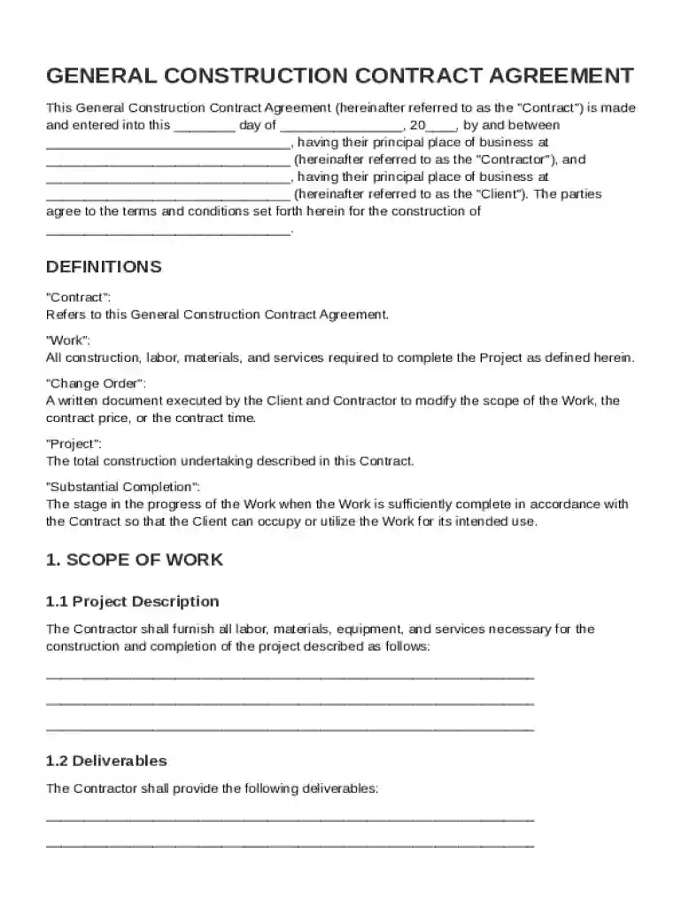 General Construction Contract Template Preview on Page 1